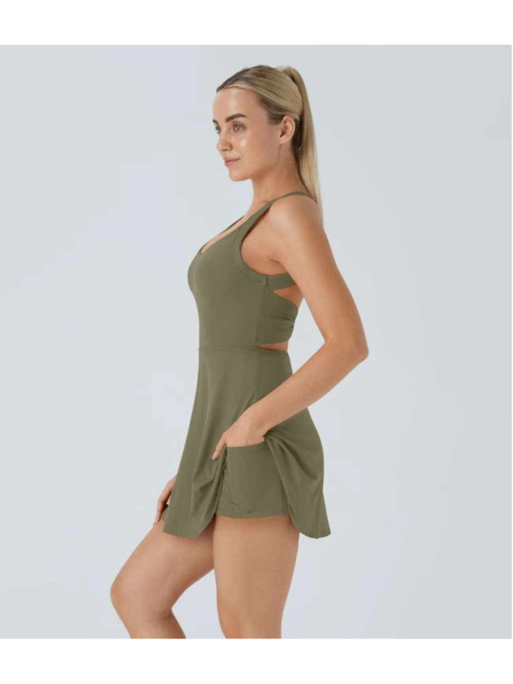 Halara Easy Peezy Flare Mini Activewear Dress Size XL NWT Withered Green (Olive) - Picture 8 of 9
